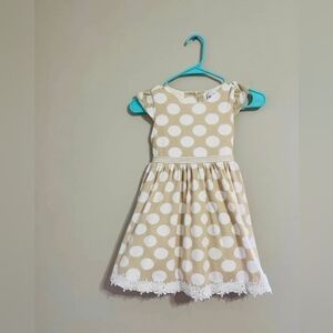 Girls Beige Polka Dot Dress with Lace Trim